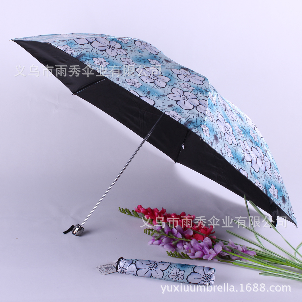 雨秀 三折牡丹花黑胶防晒伞 外贸雨伞