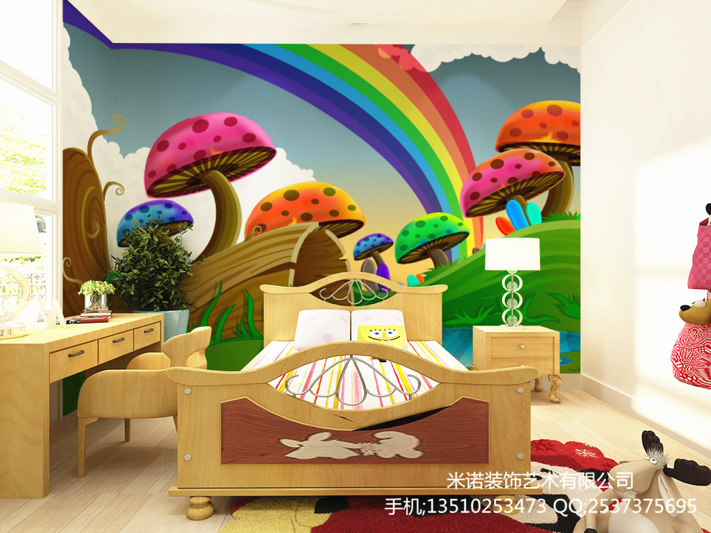 儿童房幼儿园墙纸壁纸卧室卡通无纺布大型壁画彩虹蘑菇屋森林