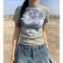 夏天小清新印花小個子別致圓領短款露臍正肩短袖t恤女打底衫上衣