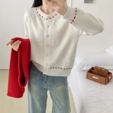 韓系chic溫柔風明線裝飾圓領毛衣男女秋冬軟糯寬松慵懶風針織上衣
