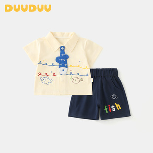 DUUDUU鯨波藍語2025涼感寶寶襯衫嬰兒短袖上衣短褲韓式風男童套裝
