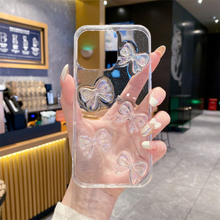 滴膠閃粉蝴蝶結iPhone16Promax手機殼適用蘋果15plus透明14簡約13