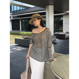 元派bluepops2025夏季新款寬松防曬條紋罩衫慵懶露背針織衫A5244