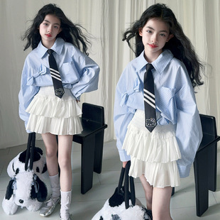 女童春夏季襯衫2025款時尚女孩韓系中大童洋氣條紋蝴蝶結防曬上衣