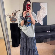 韓版慵懶風印花短袖上衣半身裙+頭繩套裝女2025春夏新款三件套休