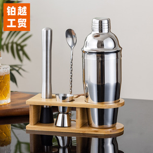 跨境直供新款不銹鋼調酒器套裝竹架調酒器工具4件套 LOGO可印刷
