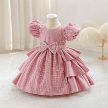 跨境專供2025新款兒童生日禮服童禮服周歲公主裙緞布蝴蝶結條紋現
