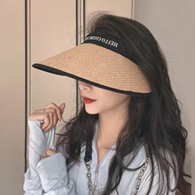 新款夏季硬頂大檐遮陽帽發箍女空頂帽透氣草編百搭防曬沙灘太陽帽