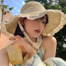 草帽新品飄帶鏤空草編帽女夏出游防曬沙灘海邊太陽帽蕾絲邊遮陽帽