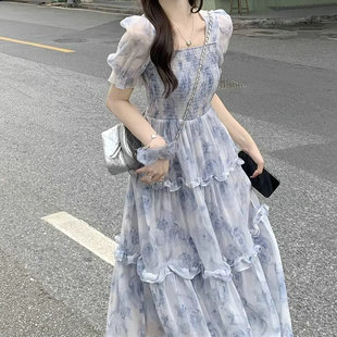溫柔風茶歇法式桔梗長裙2025夏季氣質仙女超仙收腰方領碎花連衣裙