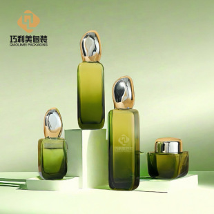 異形蓋漸變綠色化妝品玻璃瓶40ml香水分裝瓶噴霧瓶 包材批發