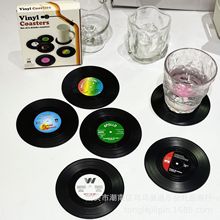 跨境熱賣圓形防滑硅膠機唱片杯墊復古黑膠CD墊盤子隔熱墊六片裝