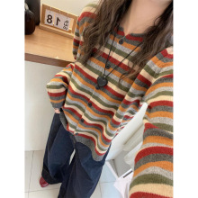5096色條紋上衣女顯瘦毛衣春秋寬松圓領套頭針織衫時尚百搭