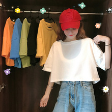 夏季短袖T恤女韓版學生慵懶風bf寬松純色個性港味短款露臍上衣女