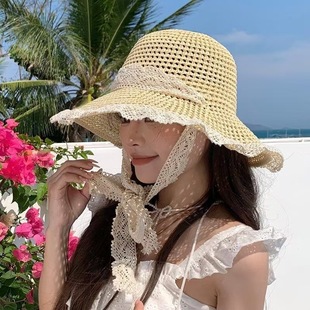 2025新款草帽蕾絲系帶鏤空草編女夏天出游防曬帽子沙灘太陽遮陽帽