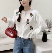 復古圓領刺綉針織開衫女2025春秋新款韓版寬松外穿長袖毛衣外套女