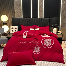 婚慶磨毛喜慶四件套中式大紅色床單高檔刺綉被套罩結婚房床上用品