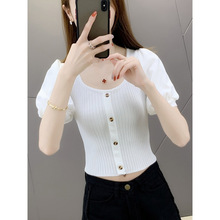 冰絲短袖T恤女夏2025網紅爆款新款短款打底衫泡泡袖露臍上衣外穿