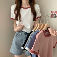 撞色圓領短袖t恤女2024年新款夏季打底衫韓版修身短款學生上衣潮