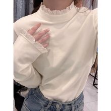 澳絨拼接蕾絲花邊半高領打底衫t恤女秋冬修身顯瘦保暖內搭上衣