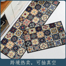 方格復古水晶絨入戶廚房吸水防滑地墊套裝 跨境現貨無紡布地毯