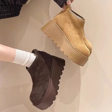 磨砂皮松糕厚底馬丁靴女2024冬季新款8CM小個子增高加絨煙筒短靴