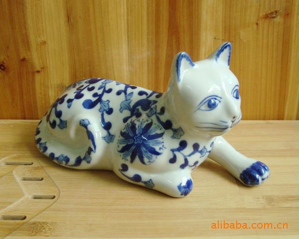 陶瓷批发 古典青花瓷 青花瓷猫咪 陶瓷猫 a516