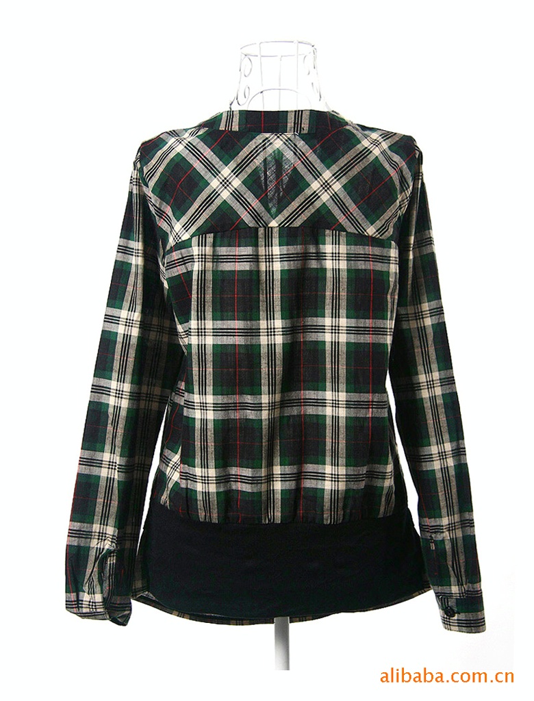 时尚罗口摆立领v领格子衬衫sa13021d5绿格