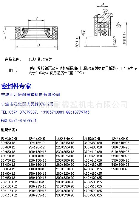 j型无骨架油封旋转轴密封圈
