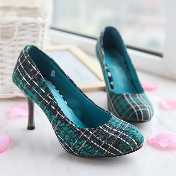 女鞋批发 新款格子布面高跟女士单鞋 可做大小码 37.00,36.00元/双