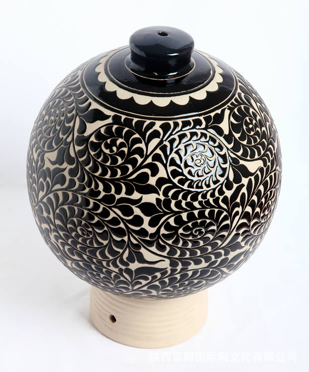 陶工艺品/陶艺礼品-富陶国际家具系列装饰品--黑釉剔花台灯底座