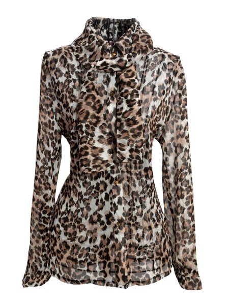 r3795#轻熟美女狂野豹纹立领系丝巾雪纺衬衫(配领结)图片_5