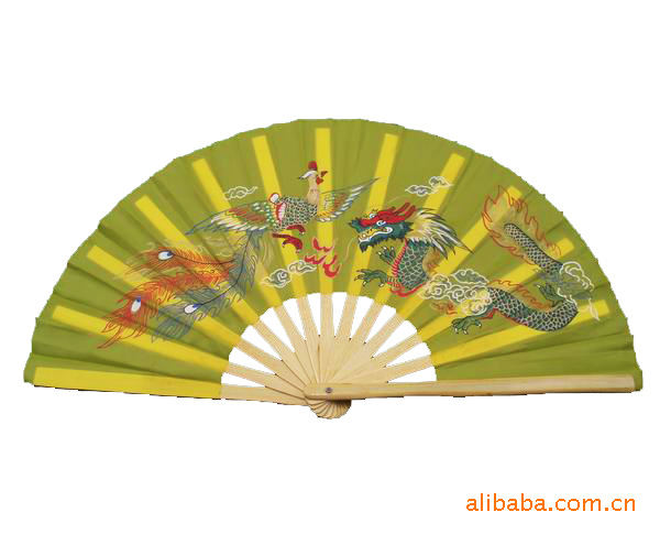 清语全竹骨黄色龙凤扇