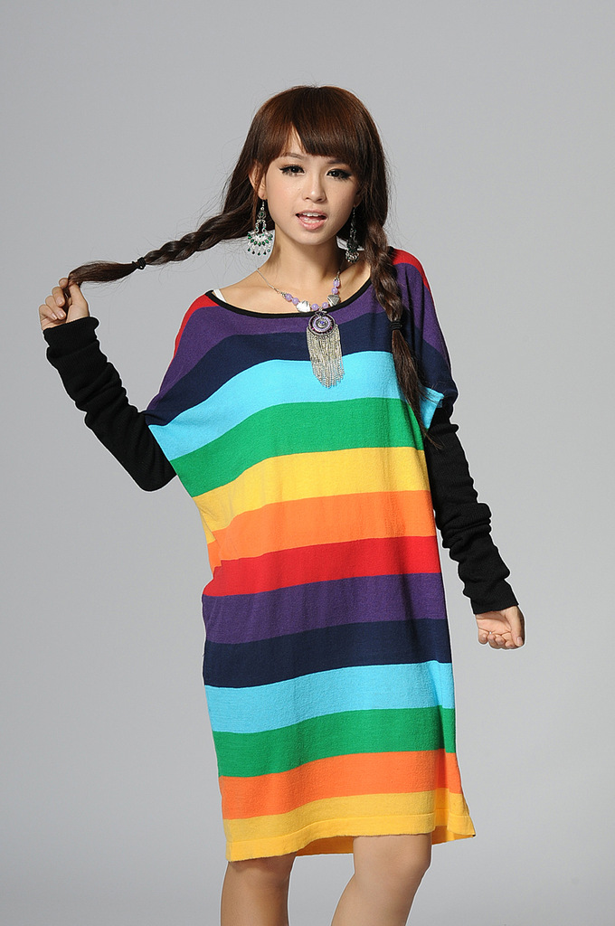 春装 新款 彩色条纹 长款 连衣裙 春.彩虹 1108