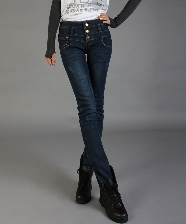 秋装新品排扣高腰牛仔裤女韩版潮甜美小脚裤铅笔裤女裤