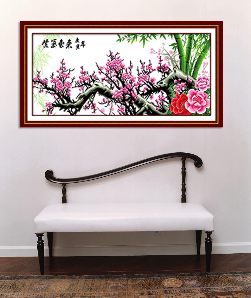 世轩新款十字绣批发梅开五福百分百印花卧室挂画正品厂家批发