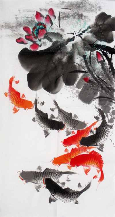 云水谣画坊纯手绘三尺竖幅九鲤图国画优质售后包退换y34