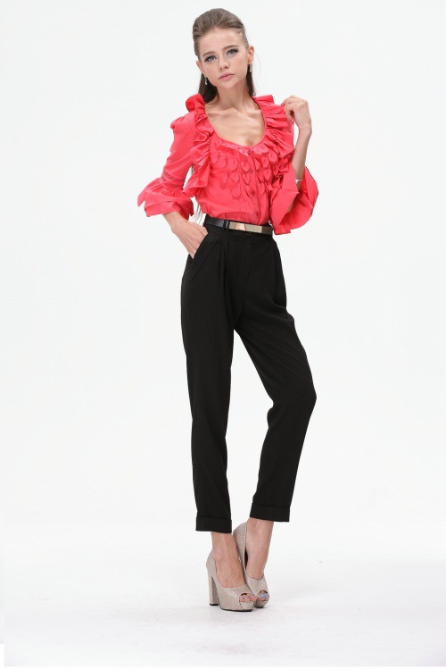 精品女装 欧美大牌原单 甜美荷叶边五分袖喇叭袖连裤衬衣衬衫 女