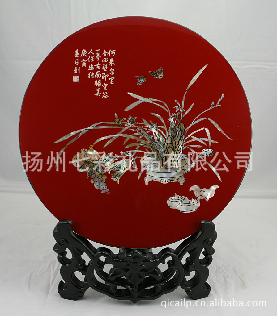 扬州漆器平磨螺钿正圆红底兰花商务礼品精美工艺品家居装饰