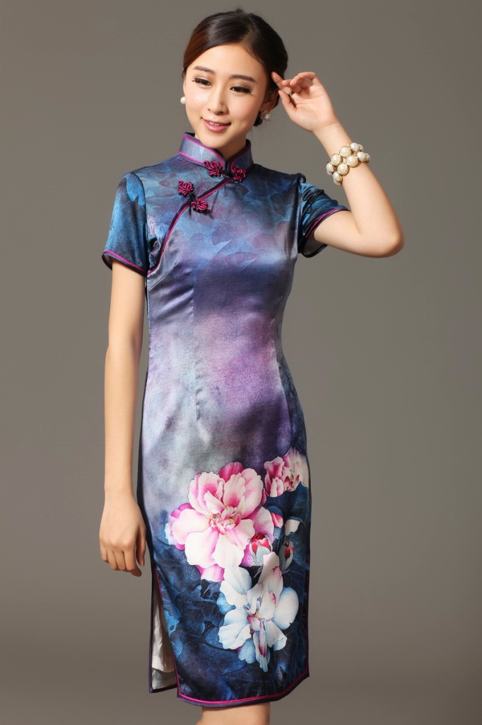 2013热销真丝旗袍复古定位数码喷绘妈妈婉约桑蚕丝旗袍图片_8