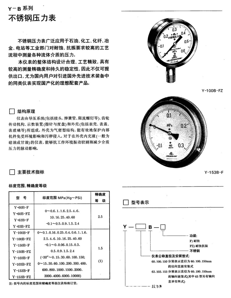 不锈钢压力表 y-100bf 上海仪表四厂 白云牌