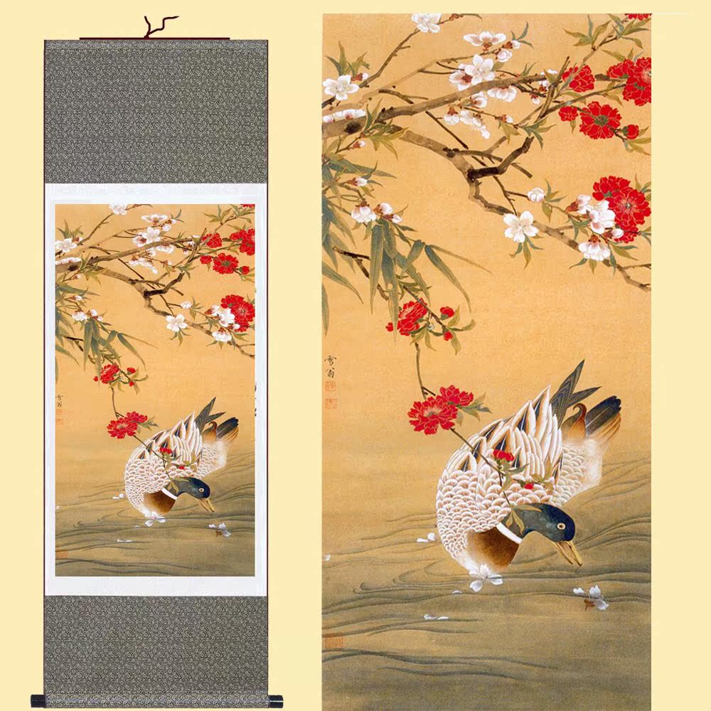 杭州丝绸卷轴画 织锦画定制 春江水暖鸭先