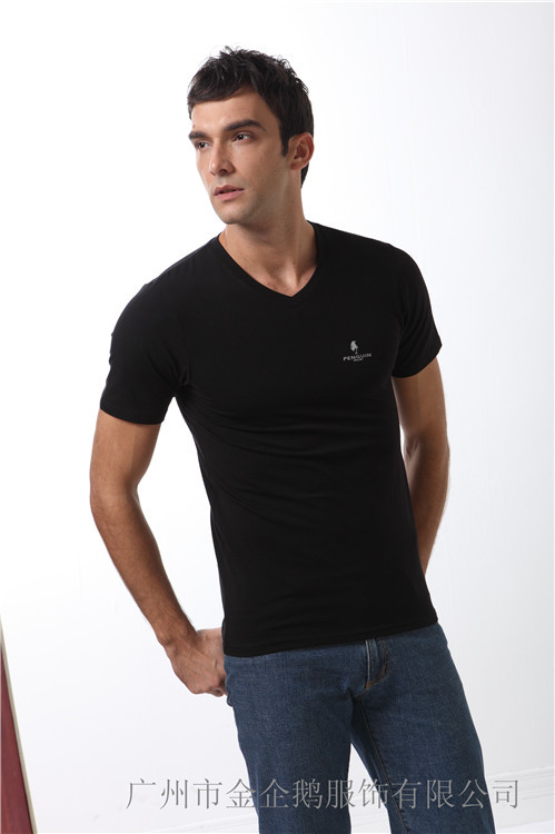 批发金企鹅 夏装韩版纯白色 短袖衫短t恤 纯棉罗纹v领男士短袖衫