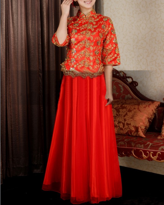 2013秋冬款红色长款新娘结婚旗袍套装小凤仙中式婚礼礼服敬酒服