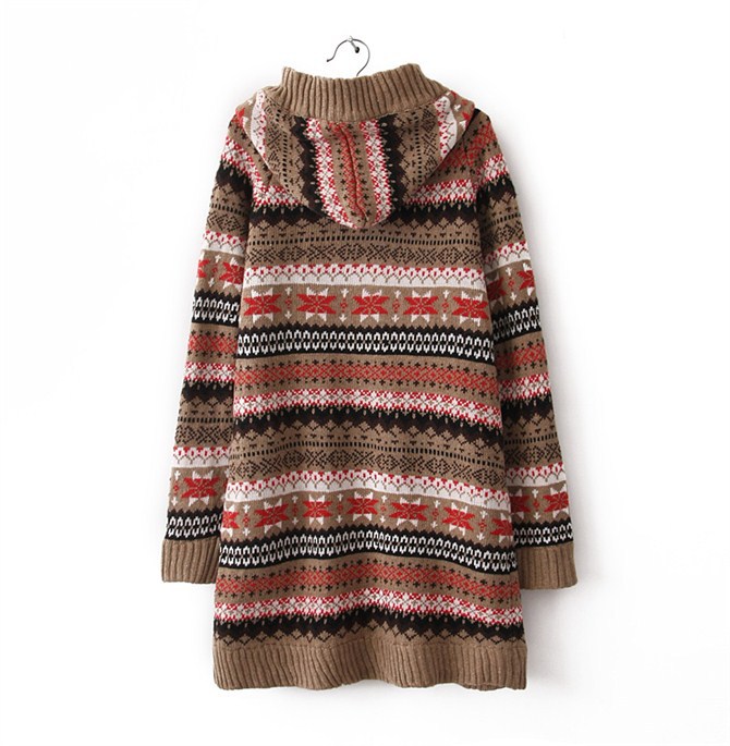 韩版冬季 修身中长款雪花图案加厚加绒毛衣外套 开衫毛衣 女mya3