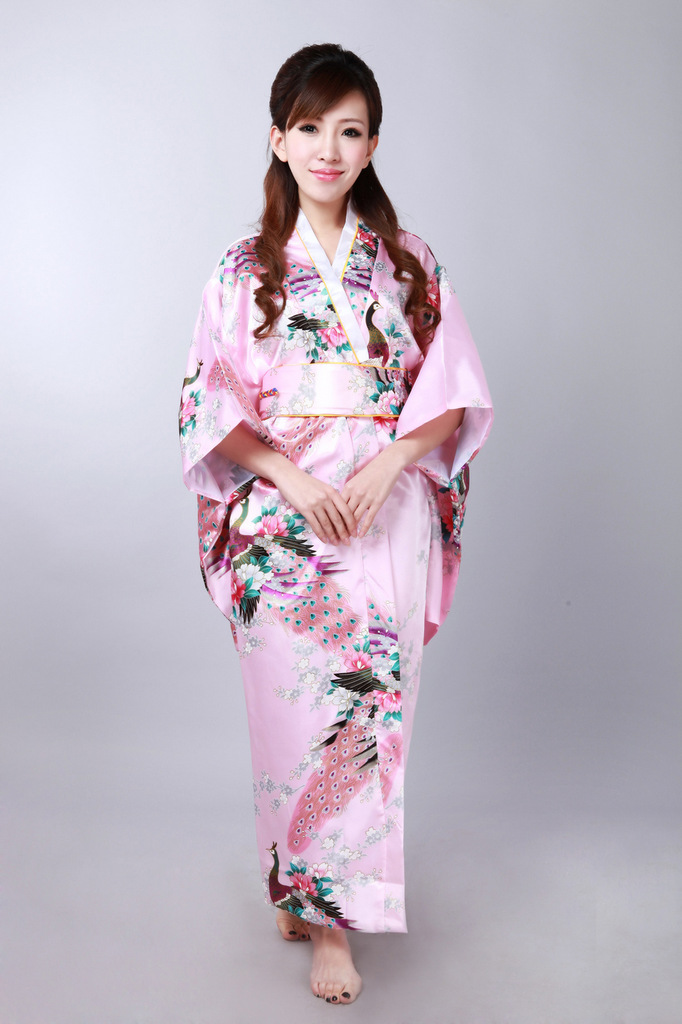 traditional chinese silk womens kimono robe with obi black blue