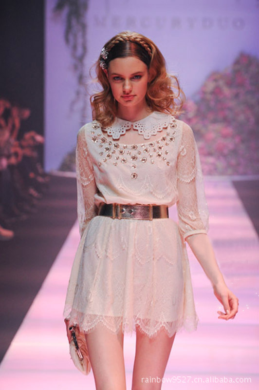 mercuyduo走秀款 绝美手工订珠亮片装饰全蕾丝连衣裙