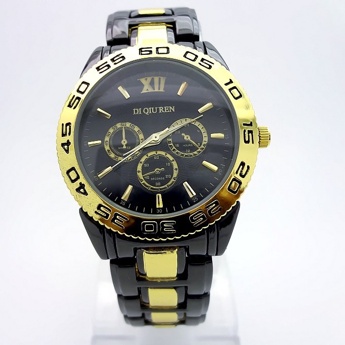 8007g-3]地球人正品防水石英表装饰三圈6针黑色间金钢