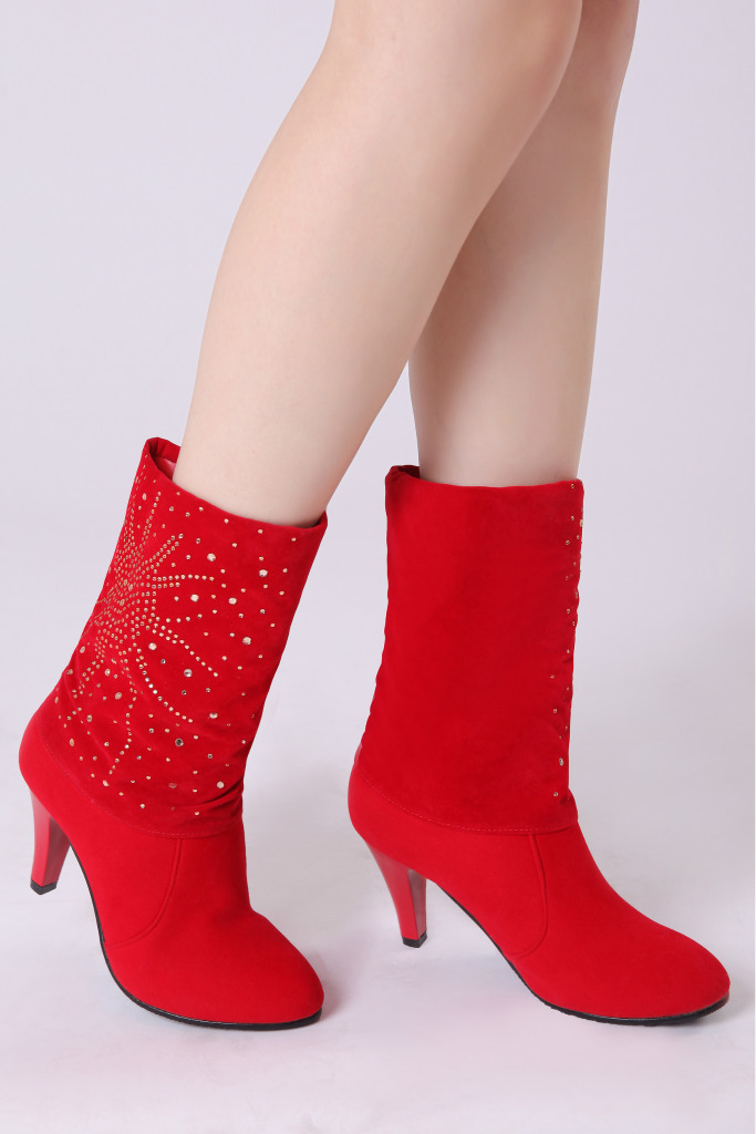 心语坊新娘鞋 红色靴子高跟女靴 婚礼敬酒鞋 本命年红鞋 水钻棉靴