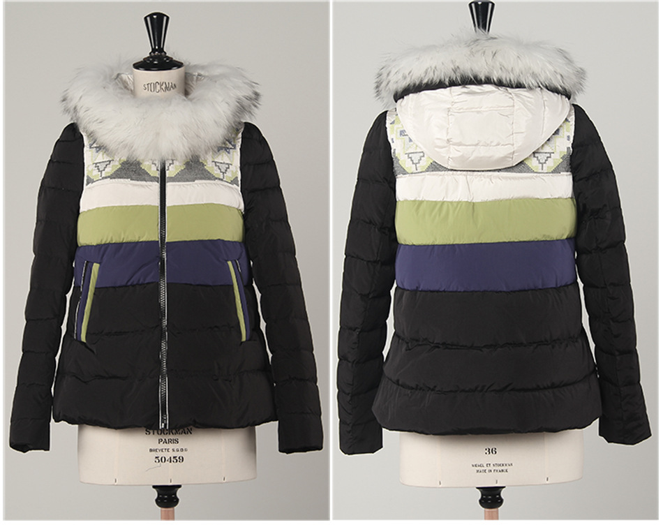 正品冬季欧洲站图勒新款短款条纹大毛领女潮羽绒服